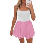 Cicy Bell Mini jupe courte à double volants pour femme - Taille haute élastique - Légère et fluide - Avec cordon de serrage, Rose, L