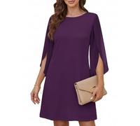 Cicy Bell Robe de cocktail élégante à col rond pour femme - En maille - Manches 3/4 - Robe de soirée - Couleur unie - Robe décontractée longueur genou - Robe d'été, Violet, M