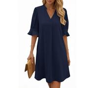 Cicy Bell Robe d'été pour femme, élégante, à manches mi-longues, avec col en V, pour le temps libre, couleur unie, décontractée, ligne A, robe courte, bleu foncé, XXL