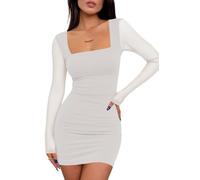Cicy Bell Robe moulante pour femme en maille sexy à manches longues - Mini-robe col carré - Robe de fête - Robe de club - Robe de cocktail - Coupe ajustée - Robe crayon, Blanc., M