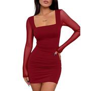 Cicy Bell Robe moulante pour femme en maille sexy à manches longues - Mini-robe col carré - Robe de fête - Robe de club - Robe de cocktail - Coupe ajustée - Robe crayon, rouge bordeaux, L