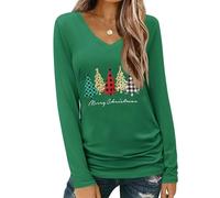 Cicy Bell T-Shirt à Manches Longues pour Femme avec col en V - Tenue de Noël Basique décontractée, Green-b, XL