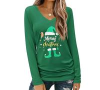 Cicy Bell T-Shirt à Manches Longues pour Femme avec col en V - Tenue de Noël Basique décontractée, Vert, M