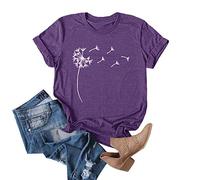 Cicy Bell T-shirts à imprimé pissenlit pour femme - T-shirts graphiques mignons à col rond et manches courtes - T-shirts d'été en coton, violet intense, L