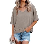 Cicy Bell T-shirts d'été pour femme, col en V, manches courtes, coupe ample, basique, couleur unie, kaki, XL