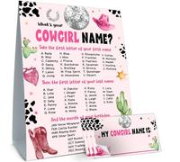 Cidobi What is Your Cowgirl Name Game, Jeu de fête d'anniversaire Cowgirl, 1 jeu de nom double face, 30 autocollants nominatifs, convient pour les fêtes sur le thème des cowgirl garçons et filles