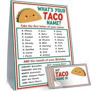 Cidobi What is Your Taco Name Game, Jeu de fête d'anniversaire Taco, 1 jeu de nom taco, panneau double face, 30 autocollants nominatifs, jeux de fête taco pour garçons et filles Décoration d'activités