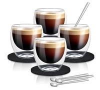 Cieex Ensemble Tasse a Cafe Double Paroi 4pcs Tasse Expresso avec Cuillères et Dessous de Verre en Feutre Tasse Double Paroi Résistantes à la Chaleur (80ml)
