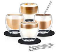 Cieex Tasse a Cafe Double Paroi de 250ml avec Cuillères et Dessous de Verre | Tasse a Cafe de Verre Borosilicate Soufflé à la Main, Passe au Lave-Vaisselle avec 4 cuillères et dessous de verre en feutre