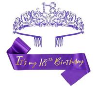 CIEHER Ensemble couronne et écharpe violette pour 18e anniversaire + épingle à perles, décorations violettes pour 18e anniversaire pour filles, cadeaux de 18e anniversaire et diadème