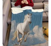 Ciel Bleu Couverture Polaire 200 x 220 cm Cheval Blanc Animal 3D Imprimée Plaid Polaire Sherpa Couverture en Flanelle Super Douce et Chaude pour Enfant Adulte Canapé et Lit