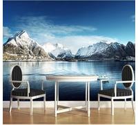 Ciel Bleu En Trois Dimensions Montagnes Enneigées Lacs Petits Bateaux Papier Peint 3D Installation Facile Intissé Tapisserie Bureau Salon Canapé Chambre Décoration Murale-350cm×256cm