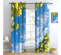 Ciel Bleu et Nuages Blancs Rideaux Occultants, Feuilles Vertes Panneaux de Rideaux intérieurs, paysages naturels Chambre Décoration Fenêtre, Plantes Vertes Salon Draperies L117 x H230cm 2 Panneaux