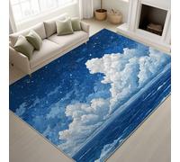 Ciel Bleu Nuages Blancs Ciel Étoilé Océan Doux Tapiss Anime Cartoon Mignon Rêveur Imprimé Tapis Romantique Dessiné à la Main Lavable Tapis de Antidérapant Bleu Royal pour Chambre 60 x 180 cm