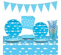 Ciel bleu, nuages blancs, décorations d'anniversaire à thème bleu, accessoires de fête, assiettes, serviettes, nappe, tasses, drapeaux pour 20 personnes (1-A)