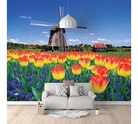 Ciel Bleu Nuages Blancs Maisons Moulins À Vent Fleurs Papier Peint 3D Installation Facile Intissé Tapisserie Bureau Salon Canapé Chambre Décoration Murale-300cm×210cm