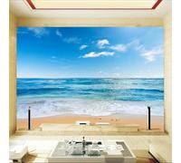 Ciel Bleu Nuages Blancs Mer Bleue Plage De Sable Papier Peint 3D Installation Facile Intissé Tapisserie Bureau Salon Canapé Chambre Décoration Murale-250cm×170cm