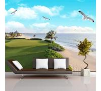 Ciel Bleu Nuages Blancs Mer Pelouse Oiseaux En Vol Papier Peint 3d Moderne Soie Texturée Haut De Gamme IdéAl Pour Le Salon Et La Chambre à Coucher-430cm×300cm