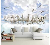 Ciel Bleu Nuages Blancs Oiseaux En Vol Cheval Au Galop Papier Peint 3D Installation Facile Intissé Tapisserie Bureau Salon Canapé Chambre Décoration Murale-350cm×256cm