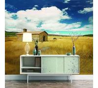 Ciel Bleu Nuages Blancs Prairies Dorées Maisons Papier Peint 3d Moderne Soie Texturée Haut De Gamme IdéAl Pour Le Salon Et La Chambre à Coucher-150cm×105cm