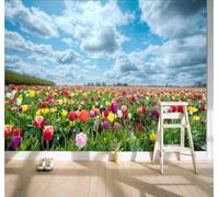 Ciel Bleu Nuages Blancs Tulipes Colorées Mer De Fleurs Papier Peint 3D Installation Facile Intissé Tapisserie Bureau Salon Canapé Chambre Décoration Murale-300cm×210cm