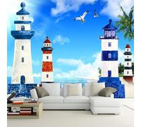 Ciel Bleu Oiseaux En Vol Phare Mer Arbres Papier Peint 3d Moderne Soie Texturée Haut De Gamme IdéAl Pour Le Salon Et La Chambre à Coucher-200cm×140cm