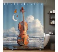 Ciel Bleu Rideau de Douche Instrument de Musique Violon 200x200 cm Imperméable Lavable Polyester avec Œillets Métalliques et 6 Anneaux pour Salle de Bain