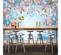 Ciel Branches Rose Fleurs Oiseaux En Vol Papier Peint 3d Moderne Soie Texturée Haut De Gamme IdéAl Pour Le Salon Et La Chambre à Coucher-430cm×300cm