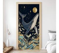 Ciel Étoilé Baleine Autocollant de Porte 3D, Créatures Marines Papier Peint de Porte Vinyle Auto-Adhésif Amovible, Sticker Mural Étanche, pour Chambre Salon Cuisine Salle de Bain, 85 x 215 cm L4E10