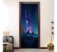 Ciel éToilé De Galaxie Onirique Stickers de Porte 3D Auto-adhésif Bleu Papier Peint Porte Amovible en PVC Étanche, Autocollants Muraux pour Salon, Chambre, Salle de Bain 73x205 cm