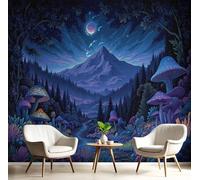 Ciel Étoilé Fantastique Papier Peint Décoratif, Champignons Et Montagnes Papier Peint En Soie, Convient Pour Les Salons, Les Chambres, Salles De Bains Murs De Bureaux, Durable Bleu Foncé 450X315 Cm