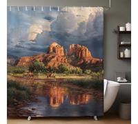 Ciel Gris Rideau de Douche Roches Rouges 200x200 cm Imperméable Lavable Polyester avec Œillets Métalliques et 6 Anneaux pour Salle de Bain