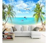 Ciel Mer Cocotiers Plage Dauphins Papier Peint 3D Installation Facile Intissé Tapisserie Bureau Salon Canapé Chambre Décoration Murale-200cm×140cm