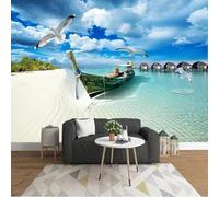 Ciel Mer Plage Petit Bateau Oiseaux En Vol Papier Peint 3d Moderne Soie Texturée Haut De Gamme IdéAl Pour Le Salon Et La Chambre à Coucher-300cm×210cm
