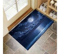 Ciel Nocturne Éclairé par La Lune Au-Dessus Mer Paillasson Imprimé avec Envers en TPR Antidérapant Naturel, pour Entrée Extérieure Intérieur Lavable en Machine Tapis, Bleu Foncé