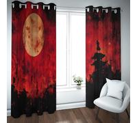 Ciel rouge Rideaux noirs de samouraï pour salle de jeux Architecture de la salle de jeux Silhouette de la lune Amortisseur du son Rideaux de fenêtres pour homme Chambre 2 panneaux B140xH200cm