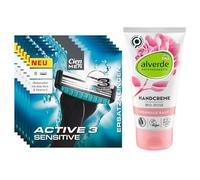 Cien Men Lot de 48 lames de rechange pour système de rasage à 3 lames Active 3 Sensitive (6 x 8 pièces), 48 pièces + crème pour les mains Alverde Naturkosmetik BIO ROSE avec huile d'amande et extrait