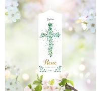 Cierge de baptême - Croix de Jésus en feuilles - Bougie blanche pour baptême, naissance, communion - Blanc - 25 x 7 cm - Avec nom, date, sans phrase le cas échéant de baptême