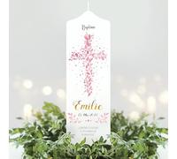 Cierge de Baptême Personnalisé pour Garçon et Fille - Croix Sacrée, Feuilles Roses - Avec Prénom, Date et Citation - 25 x 7 cm