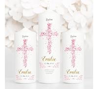 Cierge de baptême pour garçon et fille - Croix sacrée - Feuilles roses - baptême avec Prénorm, date et cierge citation de baptéme personnalisé - 1 cierge baptême + 2 cierge de parrainage