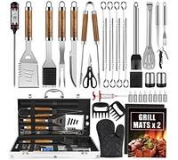 Cifaisi Lot de 38 accessoires de barbecue en acier inoxydable avec étui en aluminium, thermomètre, tapis de barbecue pour camping/barbecue de jardin, ensemble de barbecue pour homme et femme