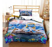 CIFEAR Parure De Lit Smurfs pour Enfant - avec Housse De Couette Et Taies d'oreiller - Motif Animation - en Microfibre Douce - avec Fermeture Éclair Single（135x200cm）