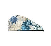 Cifeprak Blue Seahorse Nautical Map Pattern Hair Towel Wrap, Serviette de séchage des cheveux avec bouton, Serviette de cheveux en velours corail, Chapeau turban pour cheveux secs, Bonnet de bain do