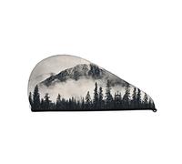 Cifeprak Forest Tree Foggy Mountain Serviette pour Cheveux, Serviette de Séchage des Cheveux avec Bouton, Serviette pour Cheveux en Velours Corail, Chapeau Turban pour Cheveux Secs, Bonnet pour Bain