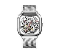 CIGA Design Montre Automatique Homme - Série C Montre Femme 40mm Mécanique Squelette Carrée Acier Inoxydable avec Bracelets en Milanais et Cuir(Argenté)