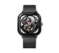 CIGA Design Montre Automatique Homme - Série C Montre Femme 40mm Mécanique Squelette Carrée Acier Inoxydable avec Bracelets en Milanais et Cuir(Noir)