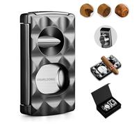 CIGARLOONG Coupe-cigare 4 en 1 acier inoxydable - Guillotine à double lame, coupe-cigare en V, Coupeur De Poinçon, Porte-cigare avec finition à motif diamant, Coffret cadeau inclus (Noir)