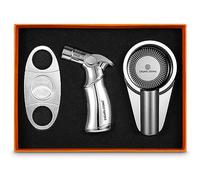 CIGARLOONG Ensemble coupe-cigares et briquet double lame simple guillotine et 4 flammes à jet rechargeable avec cendrier en alliage de zinc