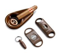 CIGARLOONG Ensemble de cendrier à cigares et coupe-cigares, cendrier portable en céramique avec guillotine à cigares, coupe-cigare et perforatrice à cigares, cadeau pour homme (marron)