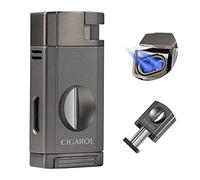 CIGAROL Briquet, 2 en 1 Briquet Tempête ave Coupe-Cigare en V, Double Flamme Briquets Cigare ave Boîte Cadeau - sans Gaz Butane, Cadeaux pour Hommes (Gris)